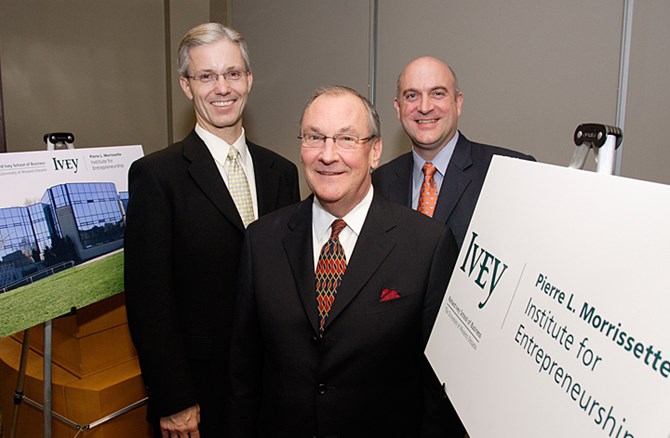 A picture of Associate Professor Craig Dunbar, Pierre Morrissette, and Professor Eric Morse.