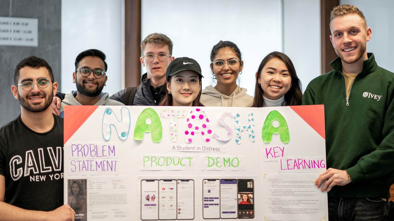 Group of students standing behind project poster board pitching startup idea