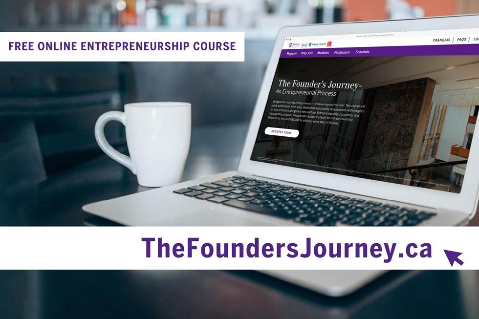 A laptop shows the Founder's Journey course webpage on its screen