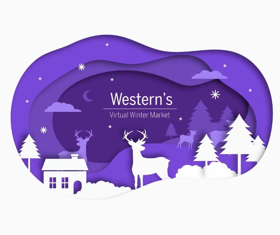Western's Virtual Winter Market Banner featuring a western purple winter scape with evergreens and deer